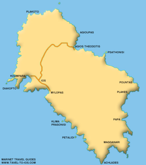 ios map - Travel to ios -  The cycladic island of ios, Greece complete guide with information on IOS, GIALOS (THE PORT), CHORA, MYLOPOTAS, CAMPOS, TRIPITI, PLAKOTO, KOUBARA, PAPA, POUNTAS, AGIOUPAS, AGIA THEODOTI, LOUKA, MANGANARI, PSATHI, 